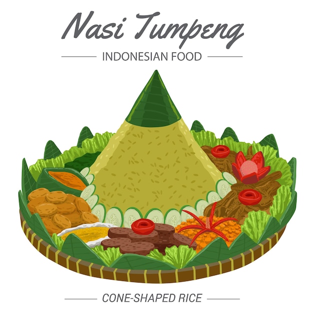 Nasi Tumpeng is kegelvormige rijst met bijgerechten en garnituren eromheen uit Indonesië