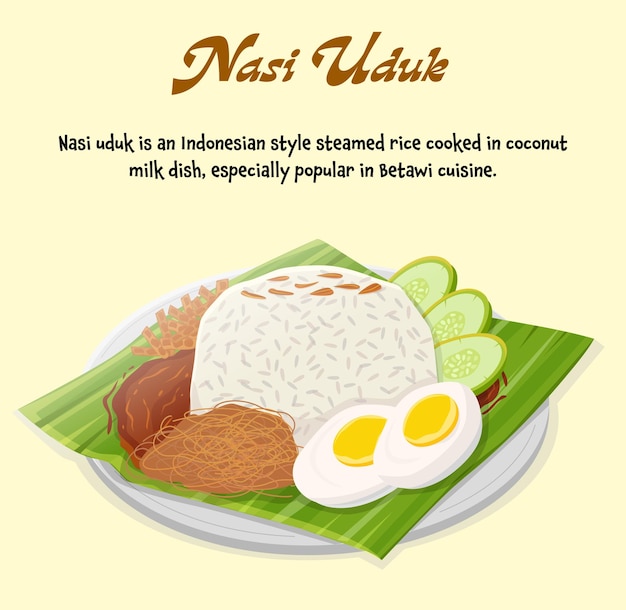 Vector nasi uduk is an indonesian style steamed rice cooked in coconut milk dish, especially popular in bet