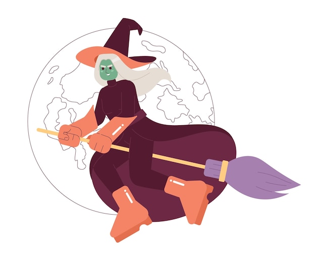 Vector nasty witch fly around worlds flat concept vector spot illustration