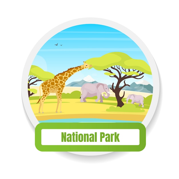 Nationaal park egale kleur badge. dierlijke observatie. trp tot behoud. toerisme, reis. afrikaanse savanne expeditie grafische sticker. wildlife geïsoleerde cartoon ontwerpelement