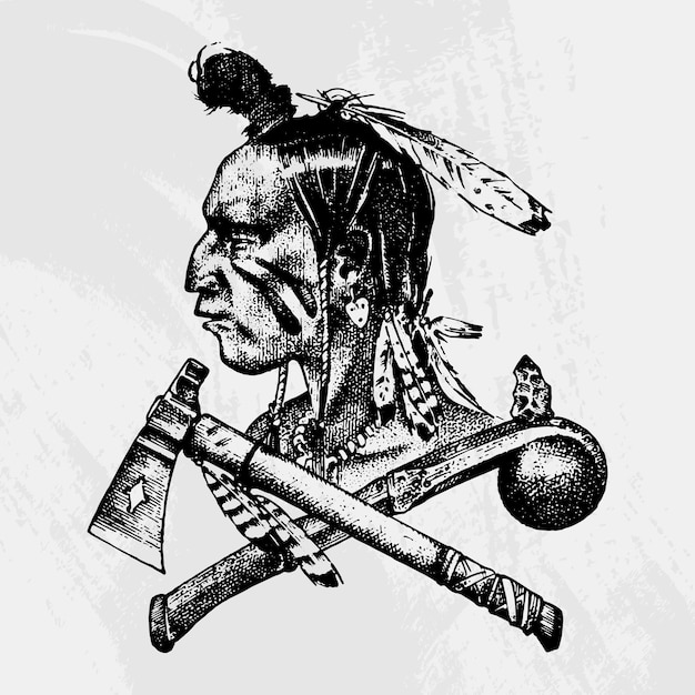 ナショナル アメリカンとネイティブ インディアンの伝統 ナイフと斧のツールと楽器古いスケッチに刻まれた手描きの頭のエンブレムやロゴに羽を持つ男
