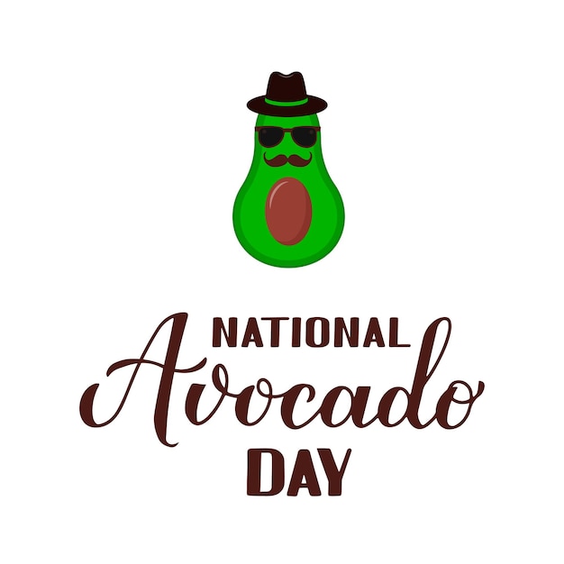 Lettering calligrafia national avocado day con personaggio dei cartoni animati isolato su bianco festa americana divertente celebrare il 31 luglio modello vettoriale per poster adesivo banner adesivo tshirt ecc