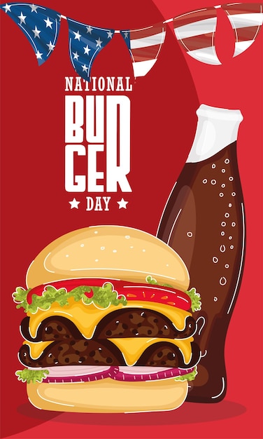 Вертикальный шаблон национального дня бургеров с чизбургером и содовой Вектор