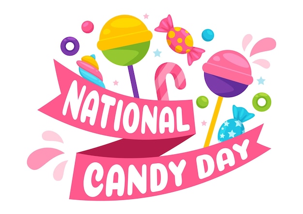 National candy day vector illustration with different types of candies and sweets in flat cartoon