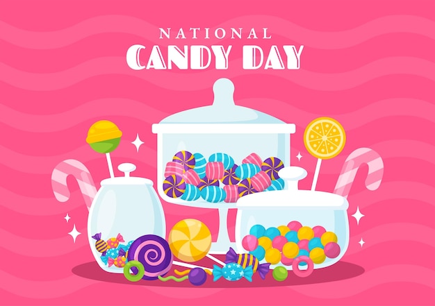 Vector national candy day vector illustration with different types of candies and sweets in flat cartoon