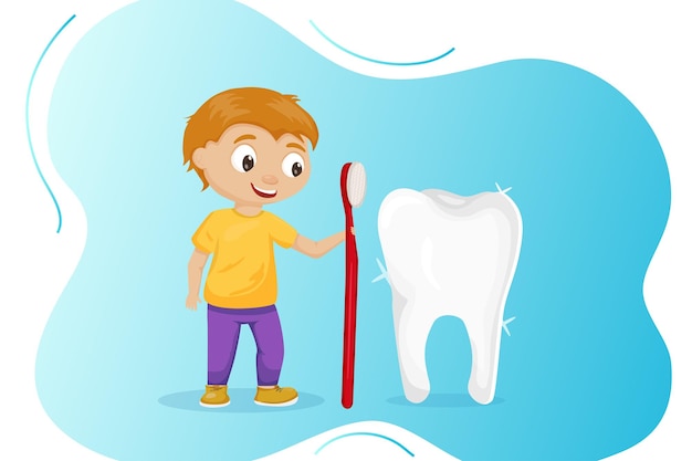 National Children s Dental Health Month vector banner. A boy with good tooth. Protecting teeth and p