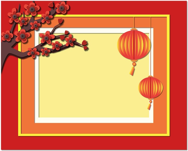 National Chinese background with paper lanterns gradient tree with flowers paper cut style frame