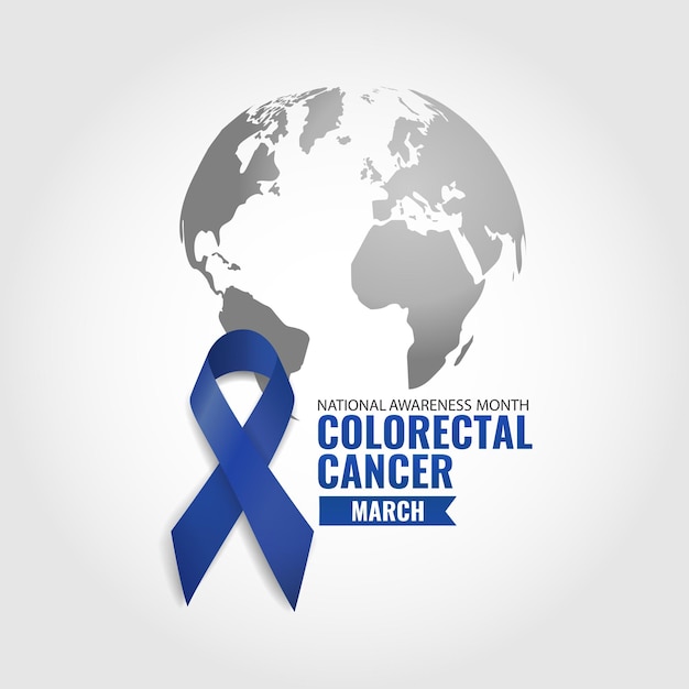 National Colorectal Cancer Awareness Month. Banner with dark blue ribbon