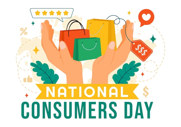 National Consumer Day Vector Illustration with Shopping Cart and Paper Bag for Promotion or Poster