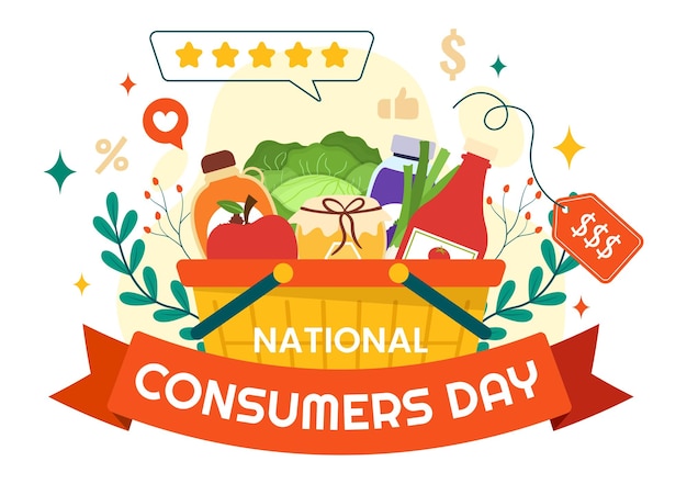 National Consumer Day Vector Illustration with Shopping Cart and Paper Bag for Promotion or Poster