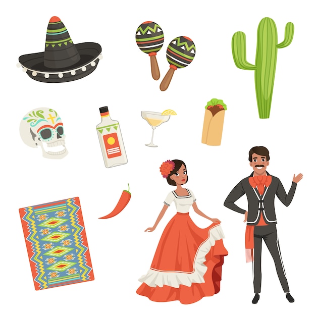 National cultural symbols of Mexico. Blanket with ethnic pattern, sombrero, cactus, skull, taco, tequila, maracas. Latin Americans. People in traditional clothes. Flat  