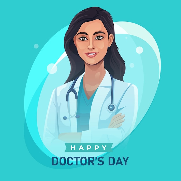 Vector national doctors day background with stethoscope and young female doctor illustration