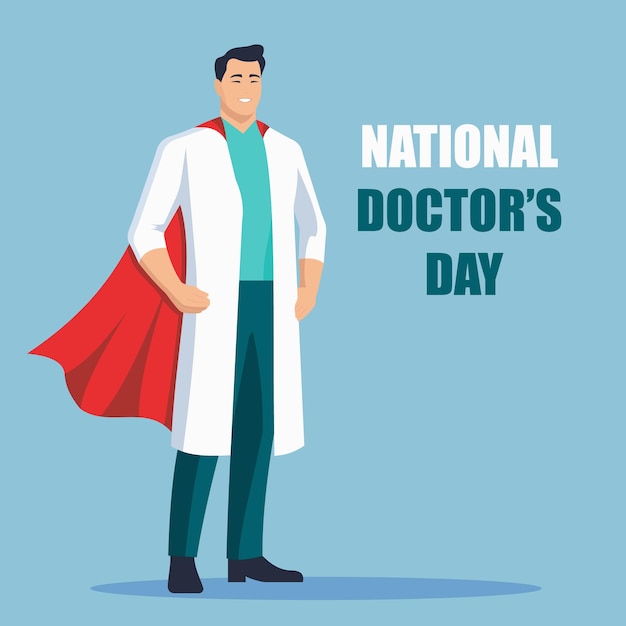 Vector national doctors day male doctor with red superhero cape vector illustration