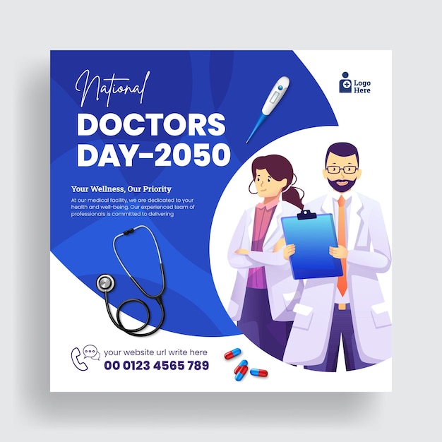 National Doctors Day social media post banner and instagram post with doctor cartoon illustration