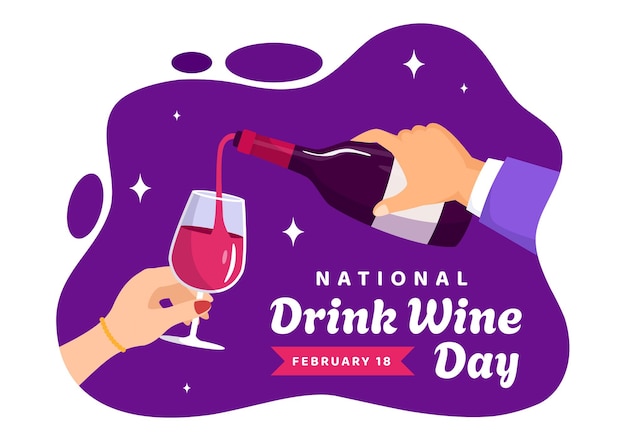 Vector national drink wine day vector illustration on february 18 with glass of grapes and bottle in flat cartoon purple background design