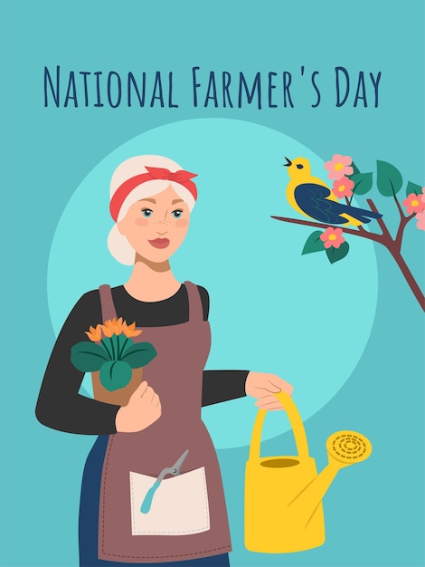 National farmer's day woman holding a pot of flowers and a watering can vector  in flat style