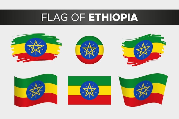 Национальный флаг эфиопии в стиле волнистой кнопки мазка кистью и плоском дизайне