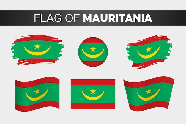 ブラシストロークの波状の円ボタンスタイルとフラットなデザインのモーリタニアの国旗