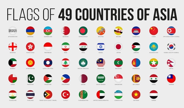 Bandiere nazionali dei paesi asiatici in stile pulsante rotondo con nomi bandiere asiatiche alfabetiche