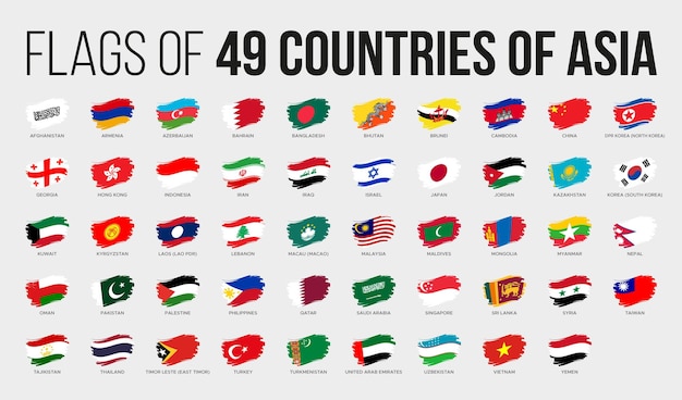 Bandiere nazionali dei paesi asiatici in stile ondulato con pennellate con nomi bandiere asiatiche alfabetiche