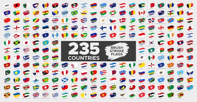 Национальные флаги всех стран в стиле мазка кистью с именами флаги мира по алфавиту