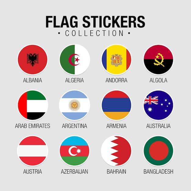 Vector national flags of the world stickers with names. circular design stickers