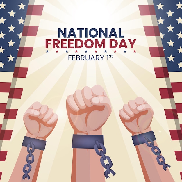 National freedom day background with raising hands breaking from handcuffs