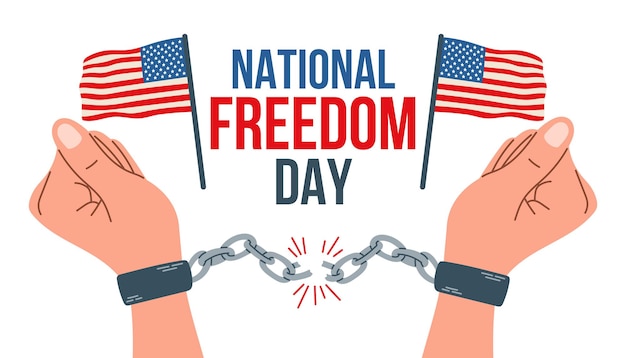 Вектор Национальный день свободы. свобода для всех американцев. векторные руки в наручниках и американских флагах