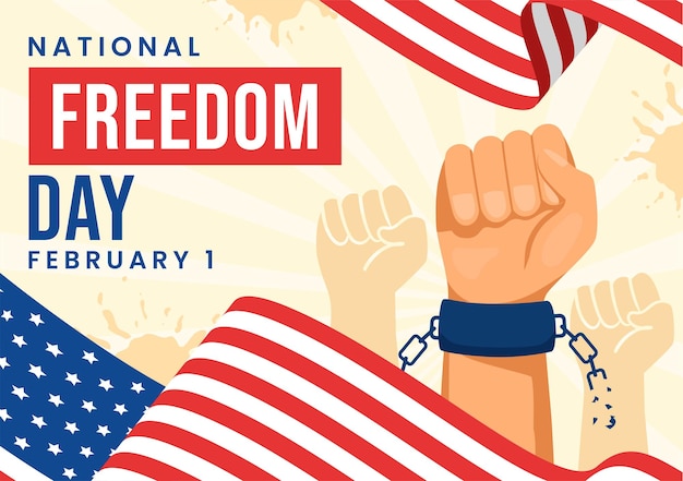 미국 국기와 수갑에  ⁇ 인 손을 가진 2월 1일의 국가 자유의 날  ⁇ 터 일러스트레이션