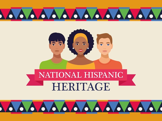 Vector national hispanic heritage celebration lettering with people and ribbon frame.