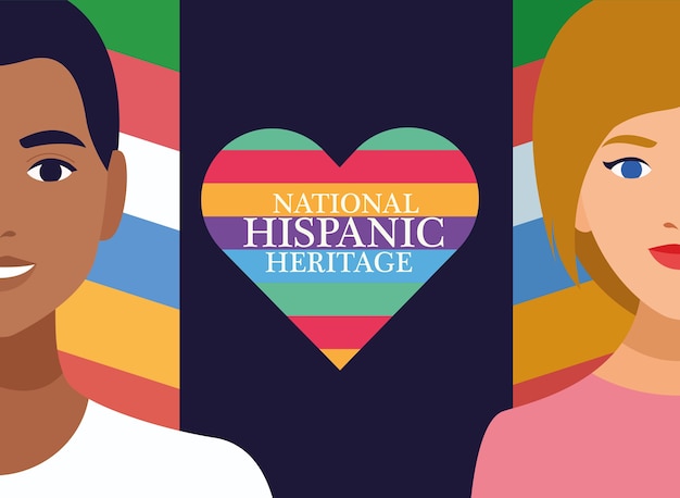 National hispanic heritage celebration with couple and lettering in heart.
