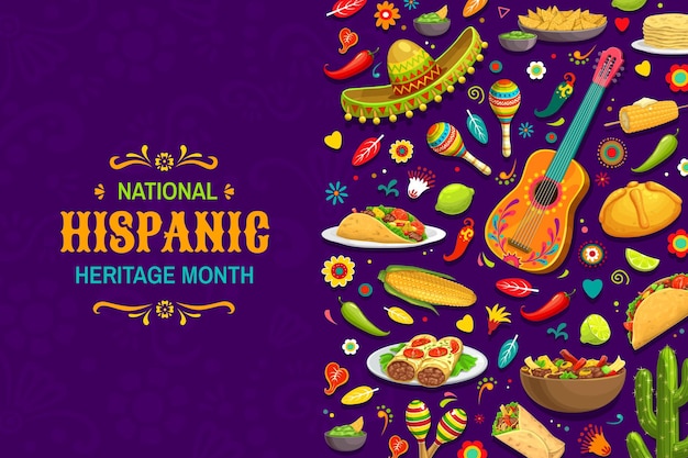 Banner del mese nazionale dell'eredità ispanica cuisine sombrero strumenti musicali e fiori sfondamento delle vacanze nazionali messicane vettore di festival etnici con chitarra maracas taco e nacho