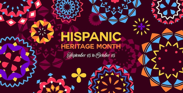 Vector national hispanic heritage month banner with festival ethnic pattern vector background with bright colored ornamental circles showcase rich cultural traditions and spanish event celebration