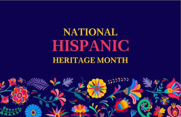 Vector national hispanic heritage month festival banner with vector border of tropical flowers and plants pattern hispanic culture commemoration card with huichol ornaments of bright color flowers leaves