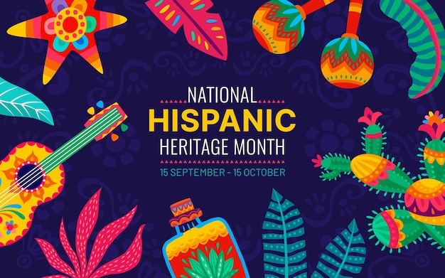 Vector national hispanic heritage month festival flyer with cactus guitar maracas pinata and tropical flowers vector background hispanic americans culture tradition or art and ethnic music heritage