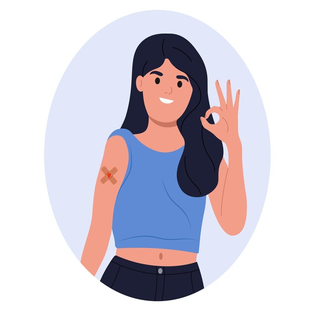 National immunization awareness month a vaccinated girl with a patch on her arm vector illustration