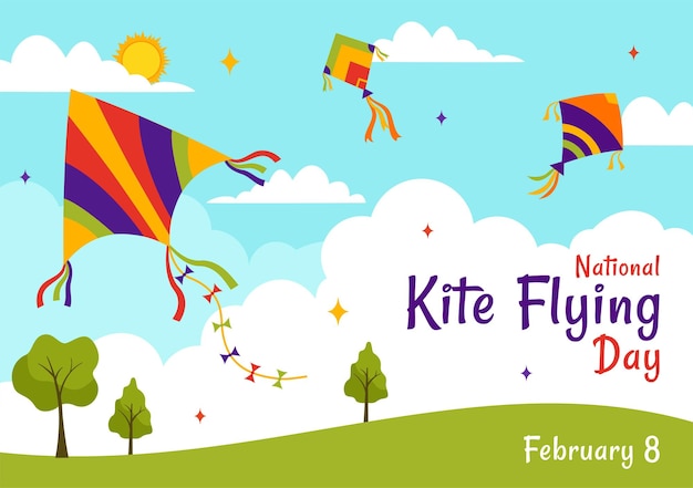 National kite flying day vector illustration of sunny sky background in summer leisure activity