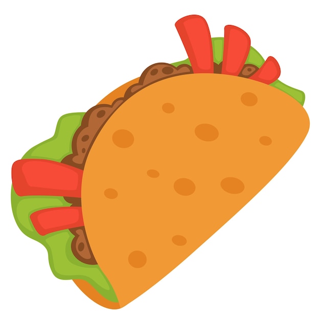 National Mexican cuisine, street food dish wrapped in bun. Isolated icon of burrito or taco with meat, salad leave and pepper or tomato sticks. Authentic meal of Mexico. Vector in flat style
