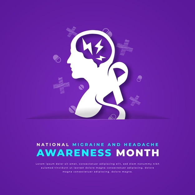 National migraine and headache awareness month paper cut design illustration for background poster