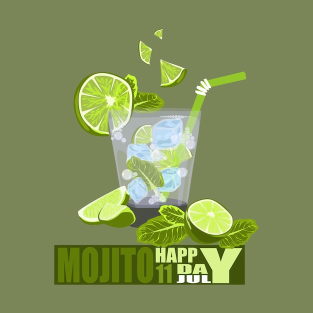 Vettore poster del national mojito day 11 luglio bicchiere di mojito con disegno vettoriale di ghiaccio e menta lime