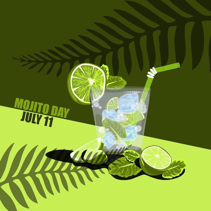 Vector national mojito day july11 posterglass of mojito with lime mint ice vector design