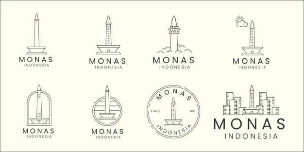 Monumento nazionale indonesiano minimalista linea arte logo set icona modello disegno vettoriale