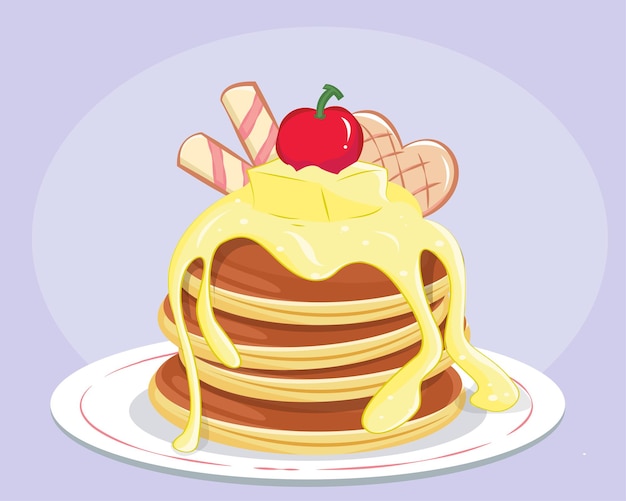 National Pancake Day vector Pancakes with cherry and butter on a plate icon