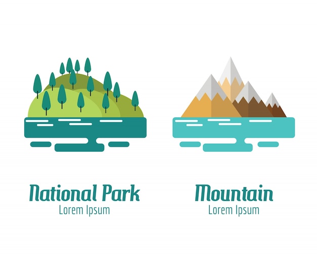 Parco nazionale e paesaggio montano. elementi di design piatto. illustrazione vettoriale