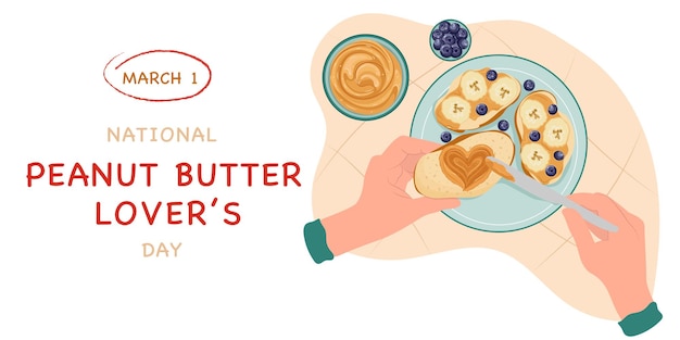 National peanut butter lovers day. Hands with sandwich with peanut butter, banana and blueberry.