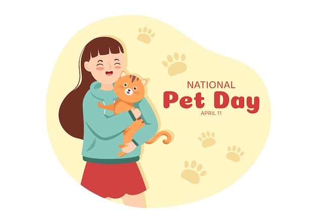 4월 11일 국립 애완 동물의 날 배너 또는 랜딩 페이지를 위한 고양이와 강아지의 귀여운 애완 동물이 있는 그림