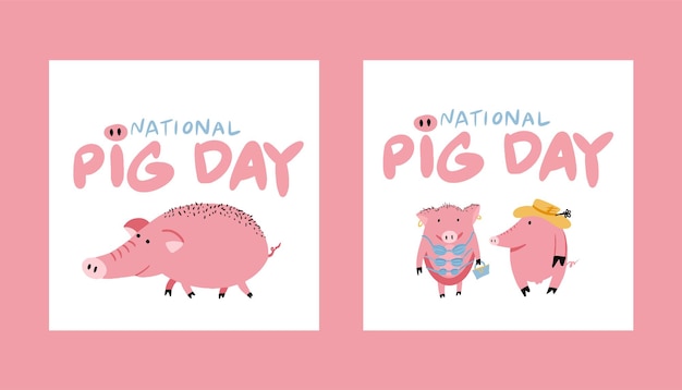 National Pig Day vector card, illustration with cute cartoon style pig faces pattern background.