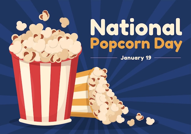 Giornata nazionale dei popcorn il 19 gennaio con una grande scatola di strisce rosse e bianche in un'illustrazione piatta