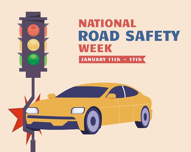 Vector national road safety week 11 to 17 january every year with crashing car on traffic light