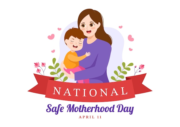 National Safe Motherhood Day op 1 april Illustratie met zwangere moeder en kinderen voor webbanner